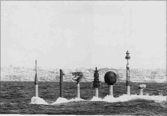 Oberon Class submarine periscope arrays displayed at periscope depth.