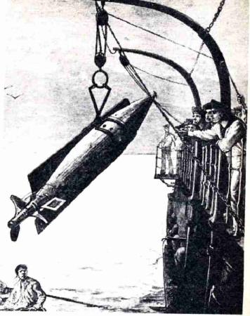 A Whitehead torpedo being hoisted on board HMS Thunderer, 1878