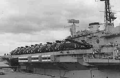 HMS Hermes in Quebec preparing to sail that morning. 848 NAS Wessex ranged on deck.