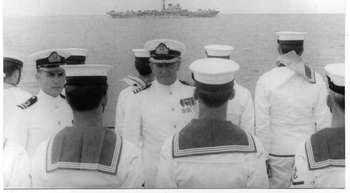 Commander Kel Duncan inspecting Divisions on board HMAS Duchess, 1967. The young lieutenant is Lieutenant David York.