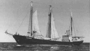Gerard in her peacetime outfit, masts attached (Image:Albert Adams)