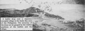 A leaflet drop over a Japanese occupied village in the Subic Bay area of the Phillipines. The accuracy of the drop can be gauged by the relative position of the leaflets and the village.