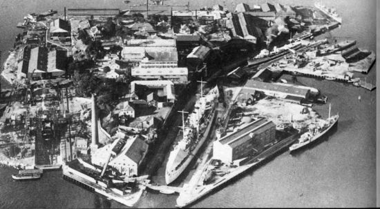 Aerial view of Cockatoo Island Dockyard during WW2