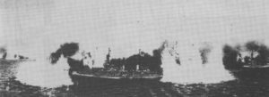 German shells fall around Sturdee's flagship.