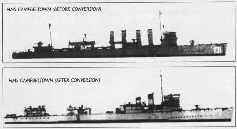 HMS Campbelltown (formerly USS Buchanan, supplied by the US under the Lend-Lease arrangements) shown before and after her conversion for the St Nazaire raid.The conversions began at Devonport on 10th March 1942 and were completed in 15 days.