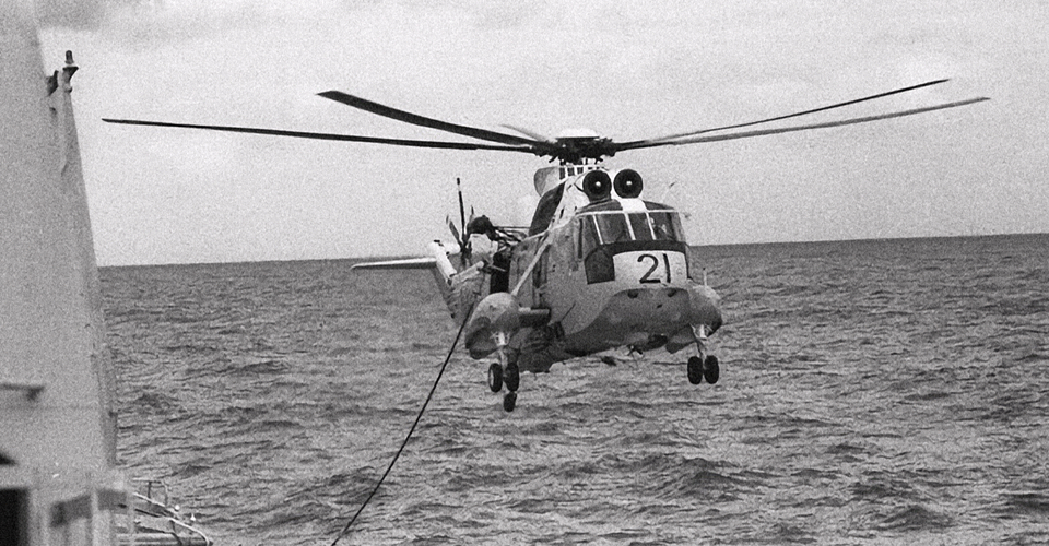 Seaking helicopter refuels from HMAS STALWART (2) DESTROYER TENDER 1968-90