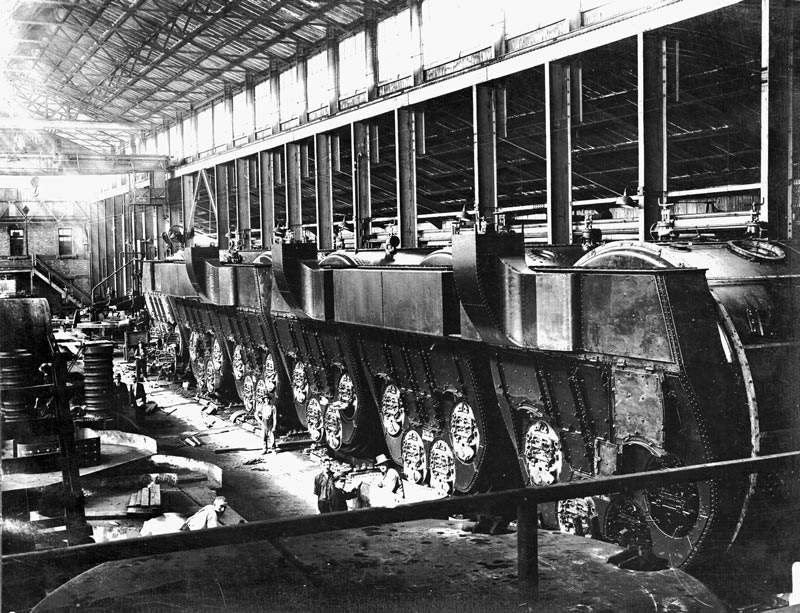 The boilers for the cargo ships Fordsdale and Ferndale underconstruction in the Boiler Shop in the early 1920s
