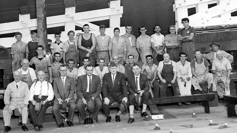The shipwright launching crew for HMAS Vampire, 1956