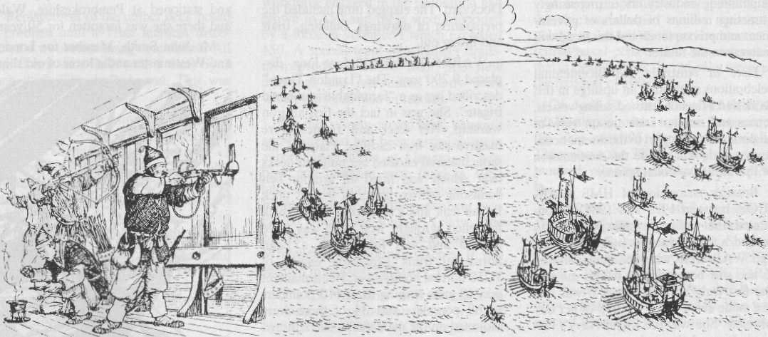 Supported by a small number of iron-clad turtle ships, a Korean fleet (right) approaches the invading Japanese fleet. When within weapon range (left), Korean seamen engage the enemy with musket fire and arrows. 