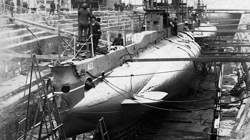 Australia’s first submarines, AE1 and AE2, together in the Fitzroy Dock in June 1914